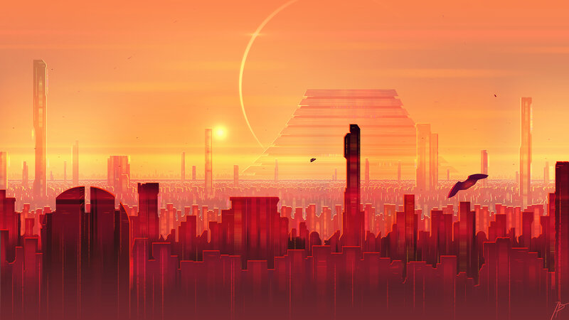 Futuristic City Skyline — Orange, Dramatic, Sunset, Digital Art, Pyramid