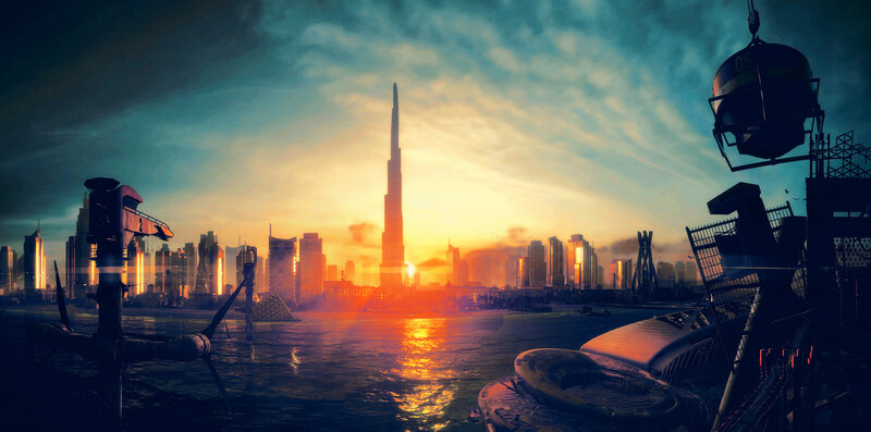 Futuristic City Skyline — Orange, Dramatic, Sunset, Digital Art, Skyscraper