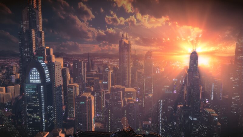 Futuristic City Skyline — Orange, Dramatic, Sunset, Digital Art, Skyscrapers, Clouds, Purple