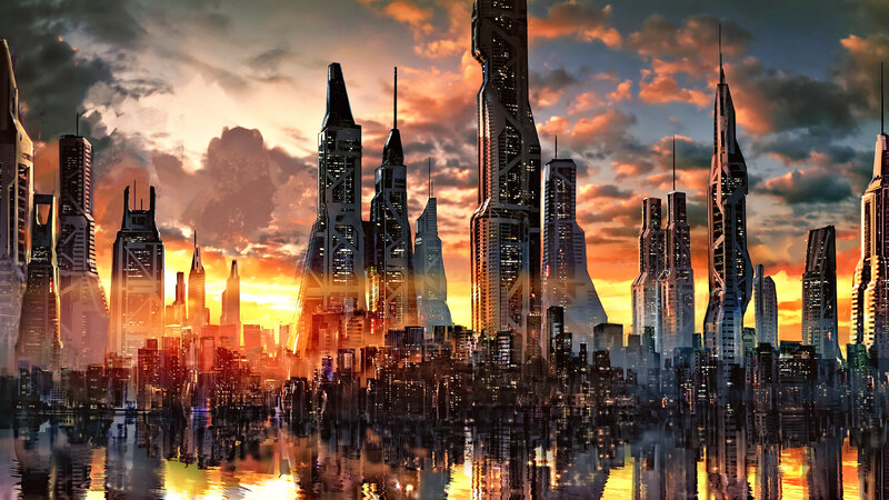 Futuristic City Skyline — Orange, Dramatic, Sunset, Digital Art, Skyscrapers, Reflection