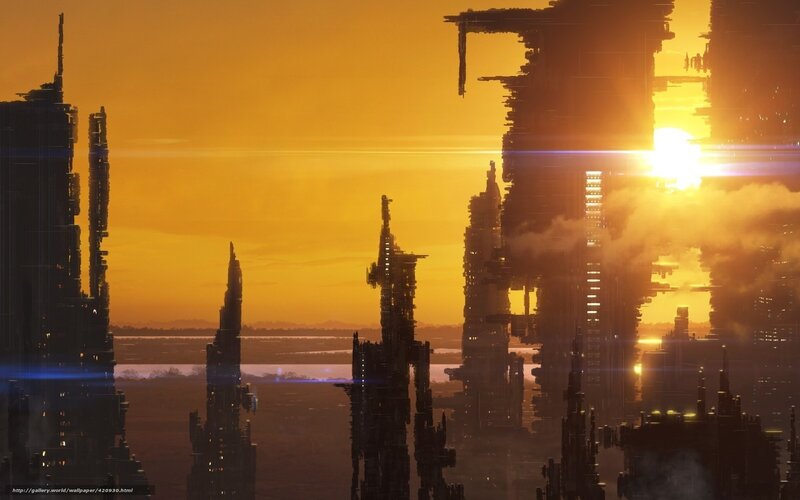 Futuristic City Skyline — Orange, Dramatic, Sunset, Digital Art, Skyscrapers