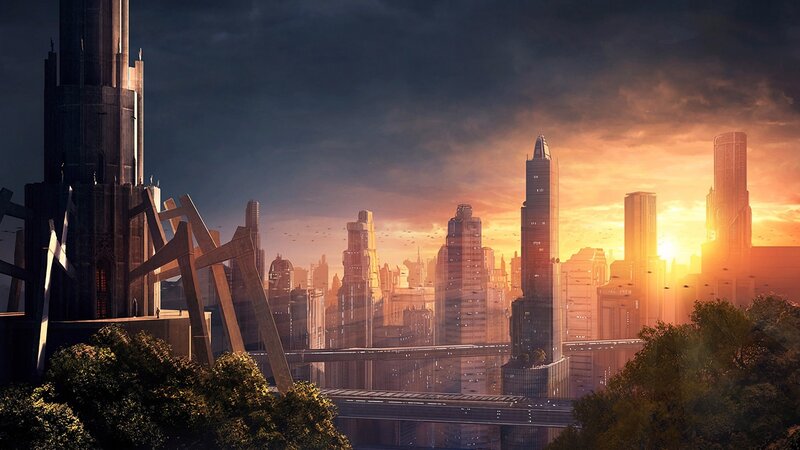 Futuristic City Skyline — Orange, Dramatic, Sunset, Digital Art