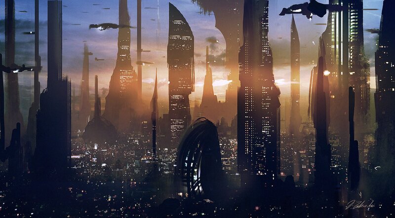 Futuristic City Skyline — Orange, Dramatic, Sunset
