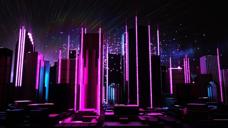 Futuristic City Skyline — Purple, Dark