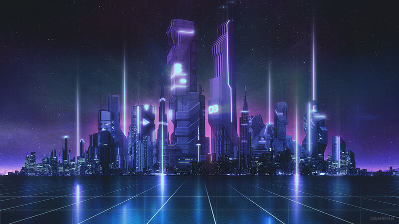 Futuristic City Skyline — Purple, Dramatic, Night, Digital Art, Skyscrapers, Neon Lights