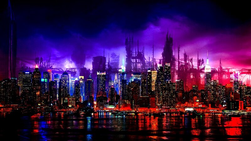 Futuristic City Skyline — Purple, Dramatic, Night, Digital Art