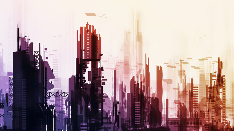Futuristic City Skyline — Purple, Dramatic, Sunset, Digital Art