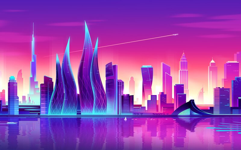 Futuristic City Skyline — Purple, Dramatic, Sunset