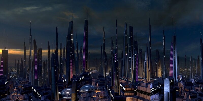 Futuristic City Skyline — Purple, Dramatic