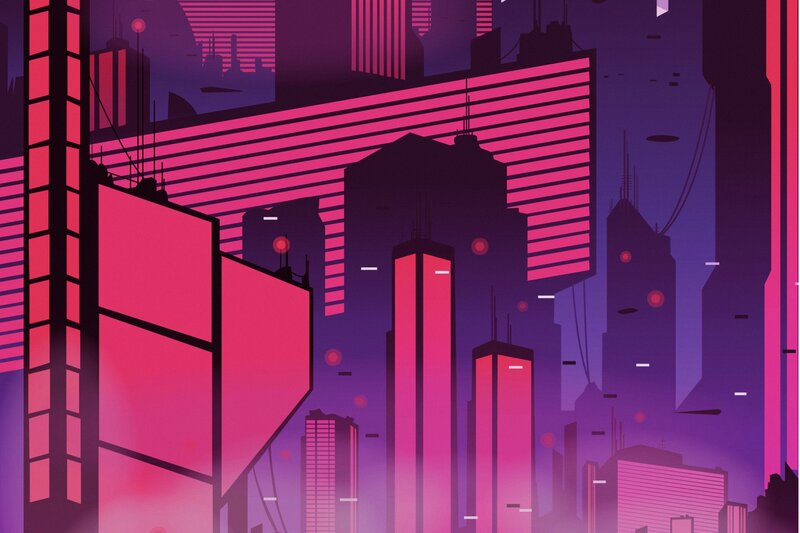 Futuristic City Skyline — Purple, Dystopian