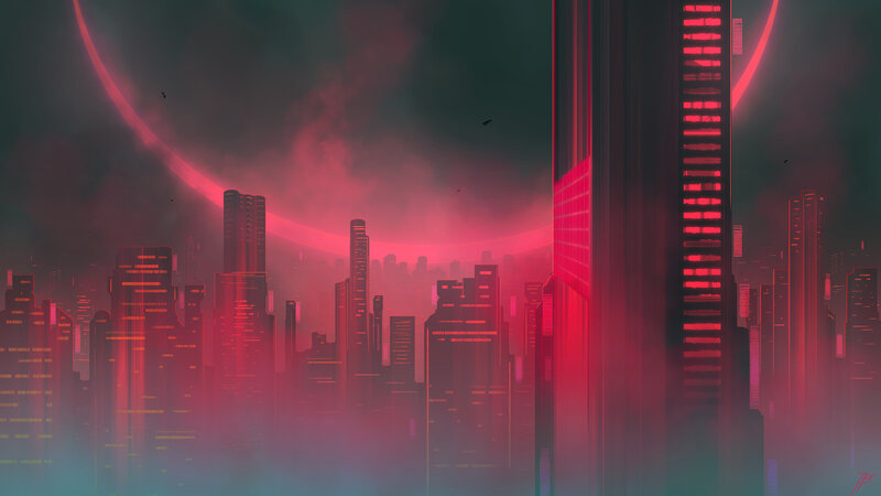 Futuristic City Skyline — Red, Dramatic, Night