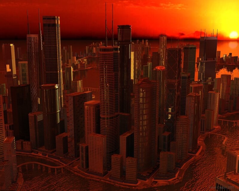 Futuristic City Skyline — Red, Dramatic, Sunset