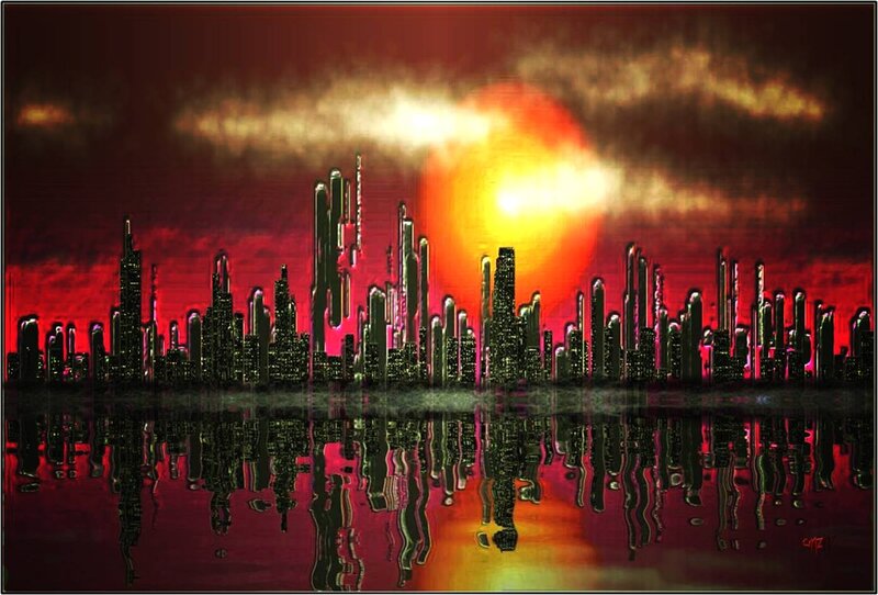 Futuristic City Skyline — Red
