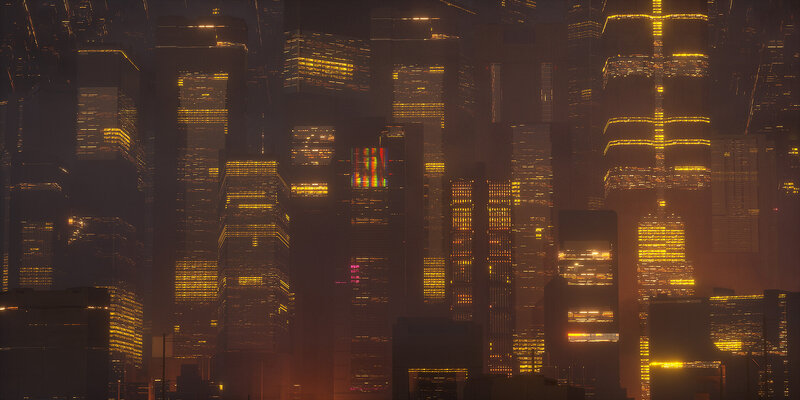Futuristic City Skyline — Yellow, Dramatic, Night, Digital Art, Skyscrapers, Lights