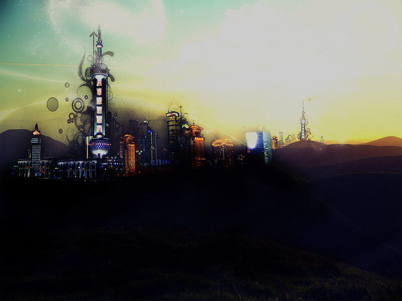 Futuristic City Skyline — Yellow, Dramatic, Sunset, Digital Art