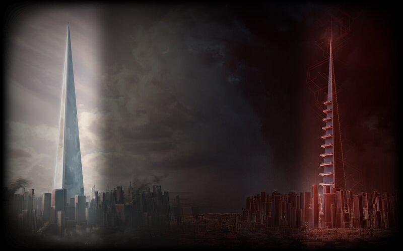 Futuristic city split by light and shadow