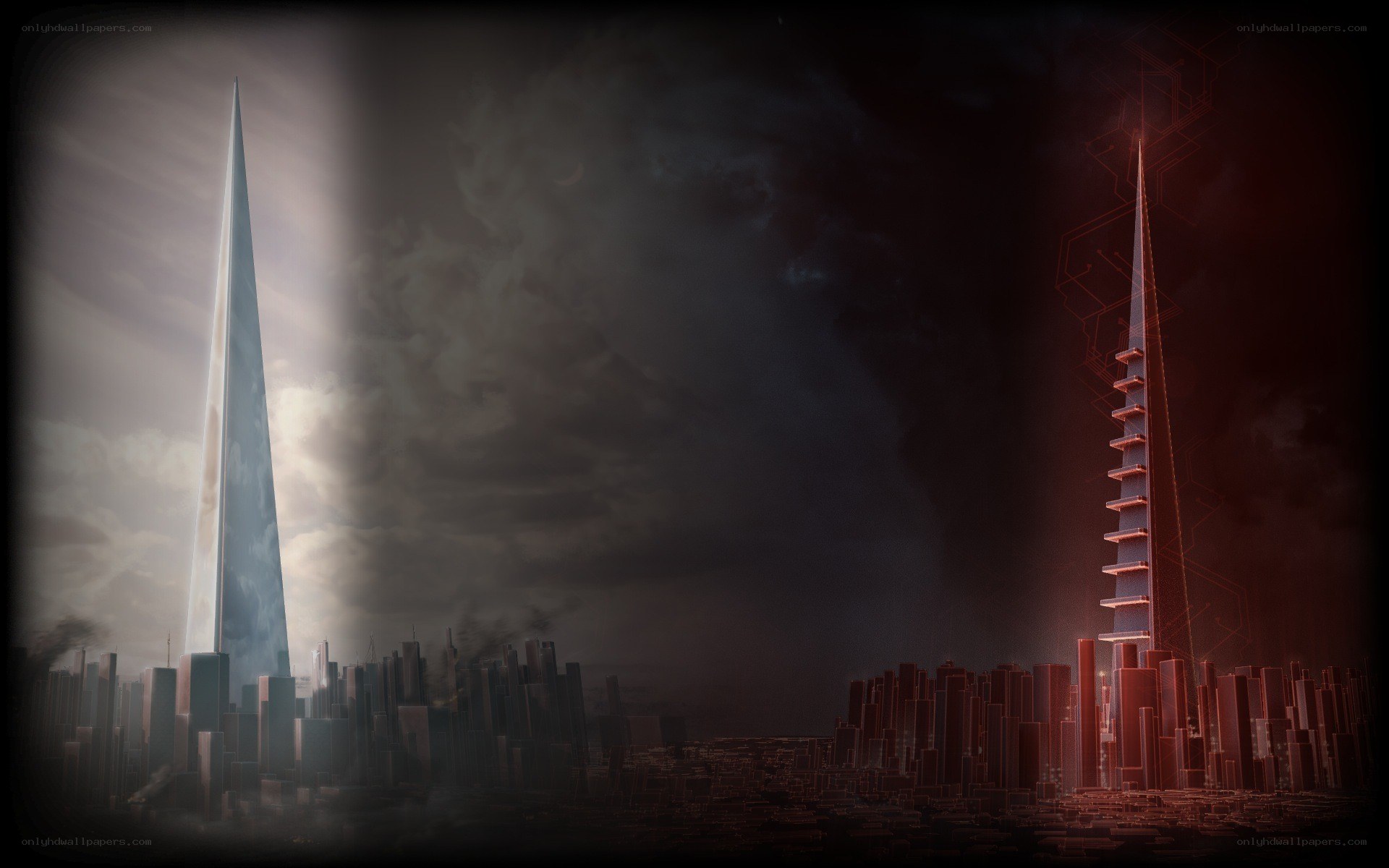 Futuristic city split by light and shadow
