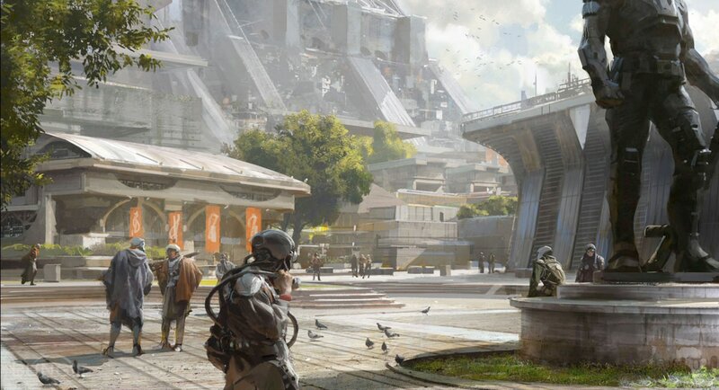 Futuristic city square scene