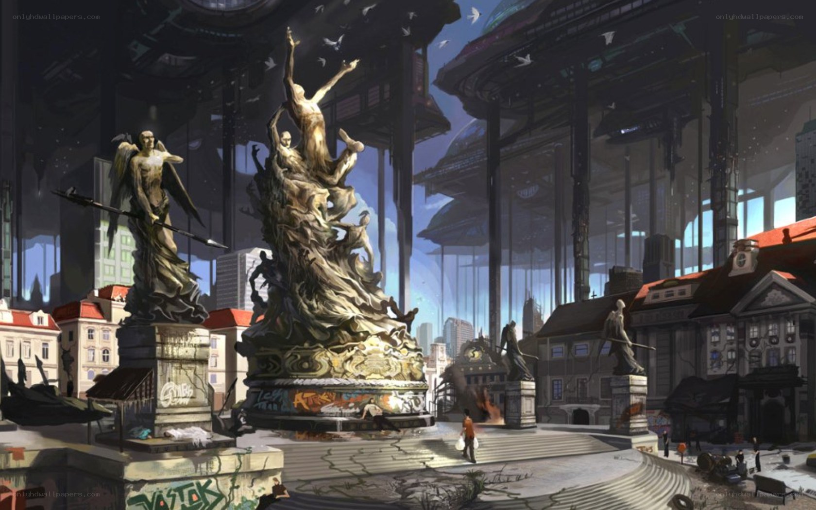 Futuristic city square with statues