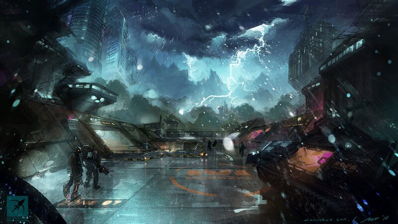 futuristic city storm scene