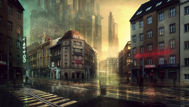 futuristic city street at dusk
