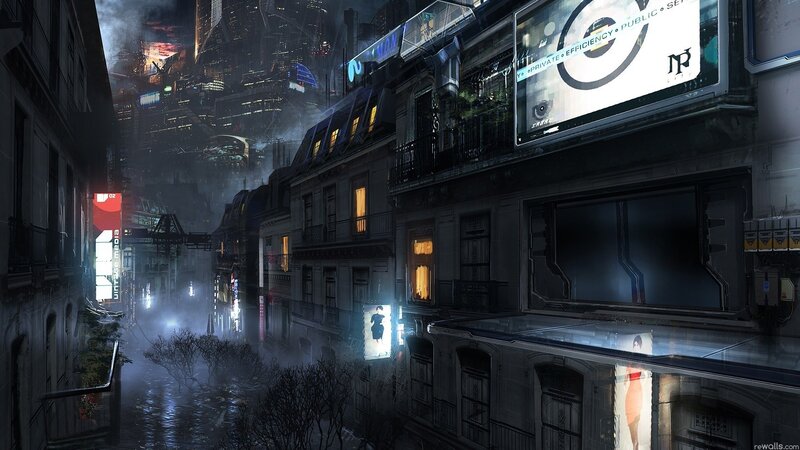 futuristic city street at night