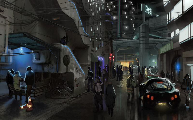 futuristic city street at night