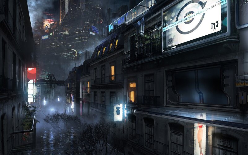 futuristic city street at night