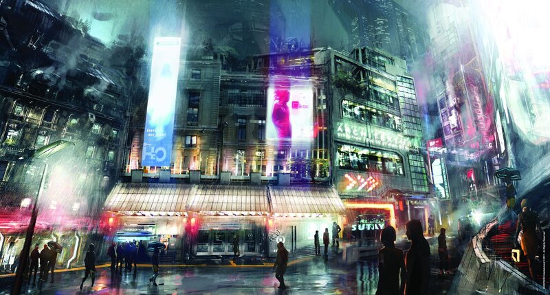 futuristic city street at night