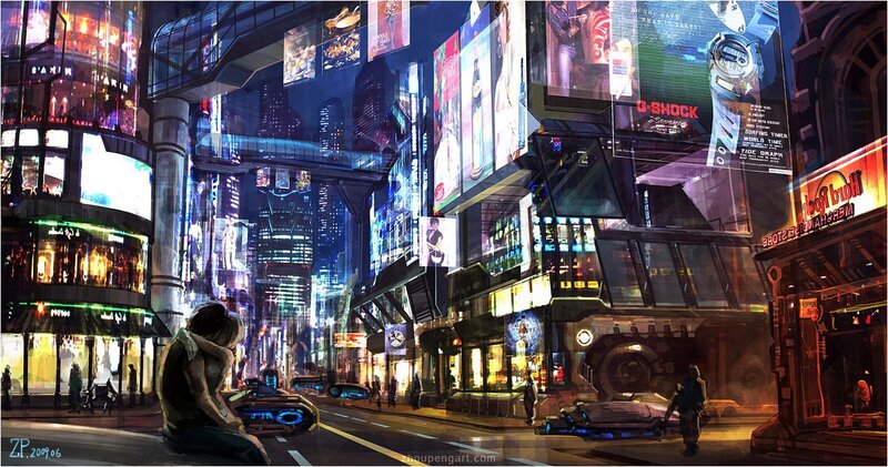 futuristic city street at night
