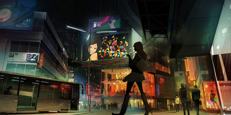 futuristic city street at night