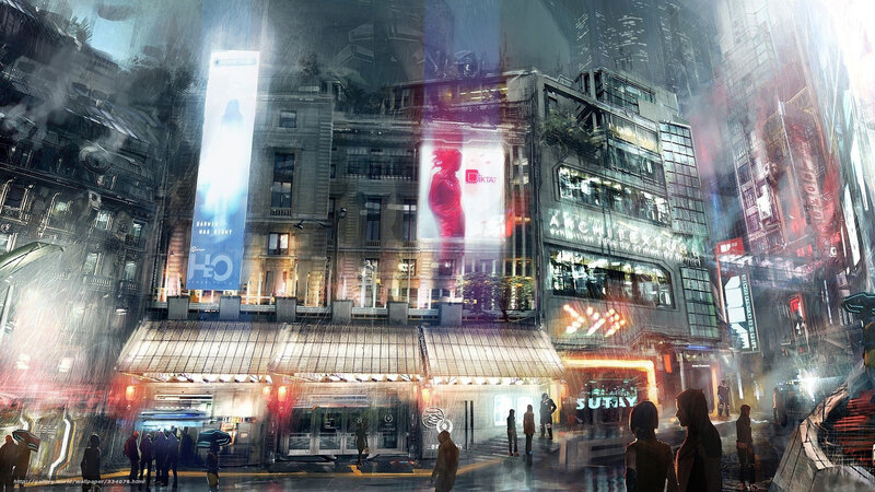 futuristic city street at night