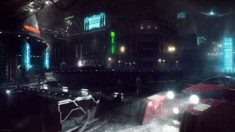 Futuristic City Street — Black, Dark, Rainy