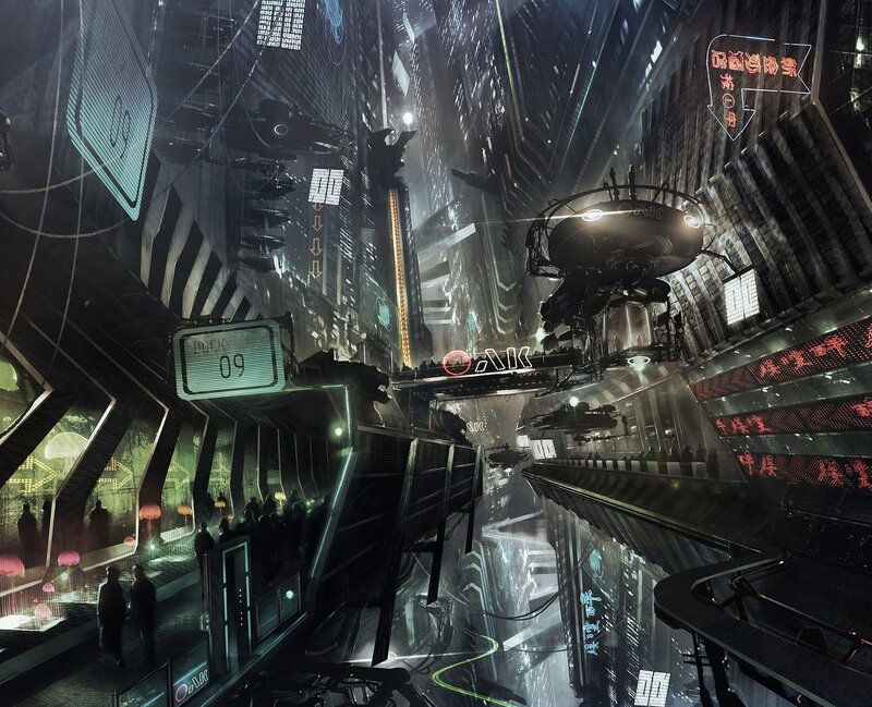 Futuristic City Street — Black, Dramatic, Night, Digital Art