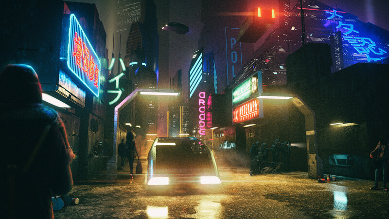 Futuristic City Street — Blue, Dramatic, Night, Digital Art, Neon Signs, Car