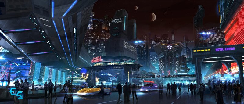 Futuristic City Street — Blue, Dramatic, Night, Digital Art, Neon Signs