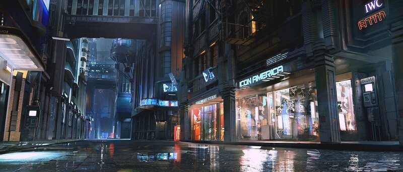 Futuristic City Street — Blue, Dramatic, Night, Digital Art, Neon Signs, Wet Pavement, Buildings