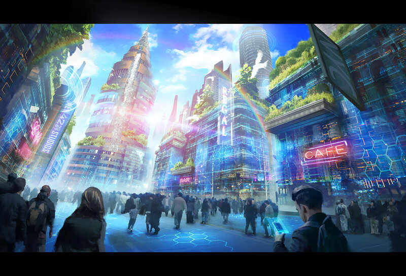 Futuristic City Street — Blue, Vibrant