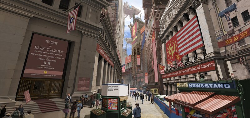 Futuristic City Street — Gray, Dramatic, Afternoon, 3d Render, Flags