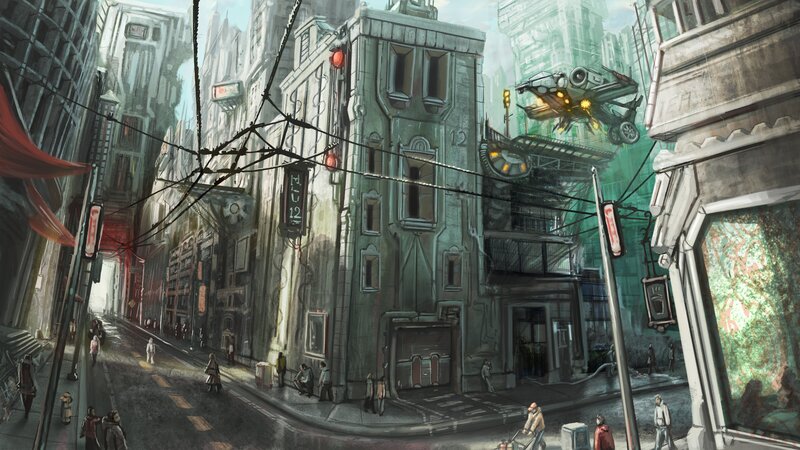 Futuristic City Street — Gray, Dramatic, Afternoon, Digital Art, Buildings, People
