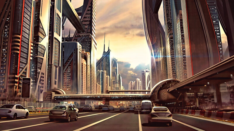 Futuristic City Street — Gray, Dramatic, Sunset, Digital Art