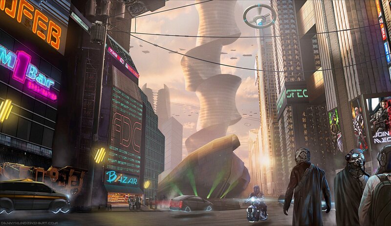 Futuristic City Street — Gray, Dramatic, Sunset
