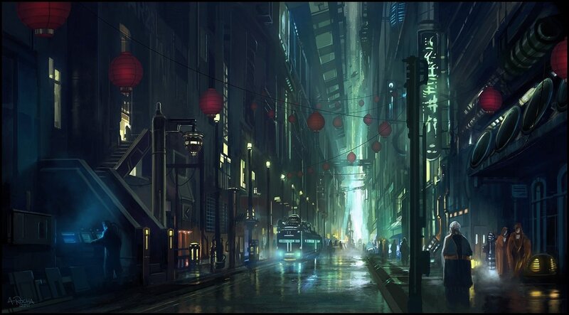 Futuristic City Street — Green, Dramatic, Night, Digital Art