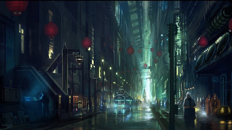 Futuristic City Street — Green, Dramatic