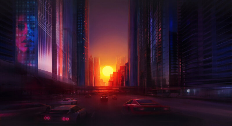 Futuristic City Street — Orange, Dramatic, Sunset