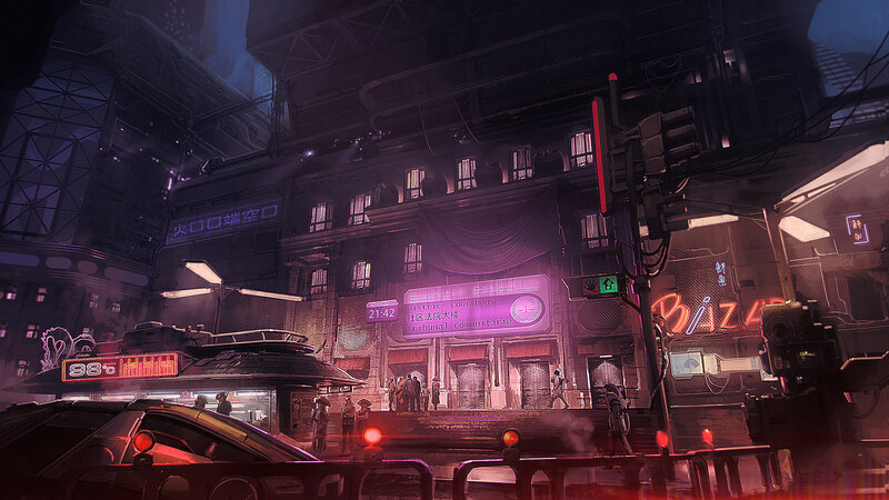 Futuristic City Street — Purple, Dramatic, Night, Digital Art, Neon Signs