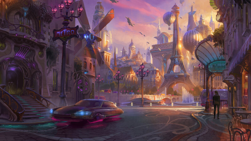 Futuristic City Street — Purple, Dramatic, Sunset