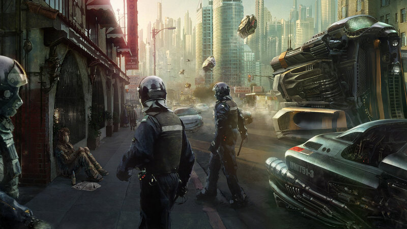 Futuristic city street scene