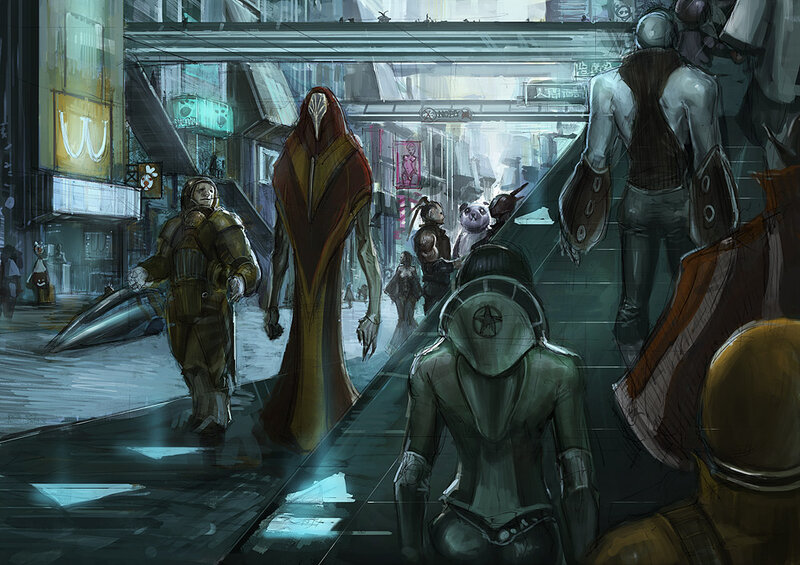 Futuristic city street scene