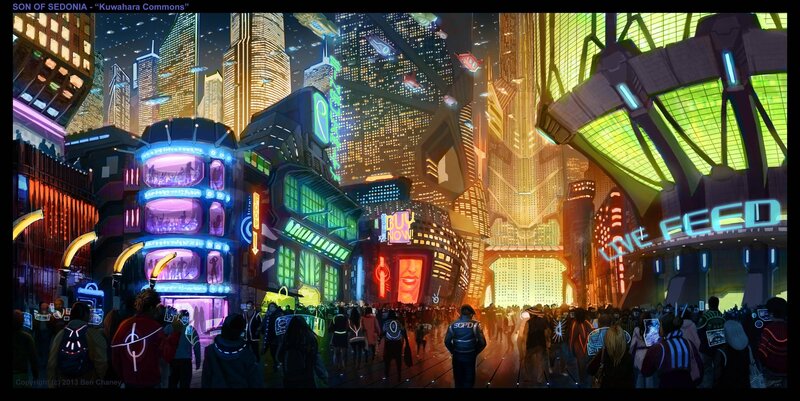 Futuristic city street scene